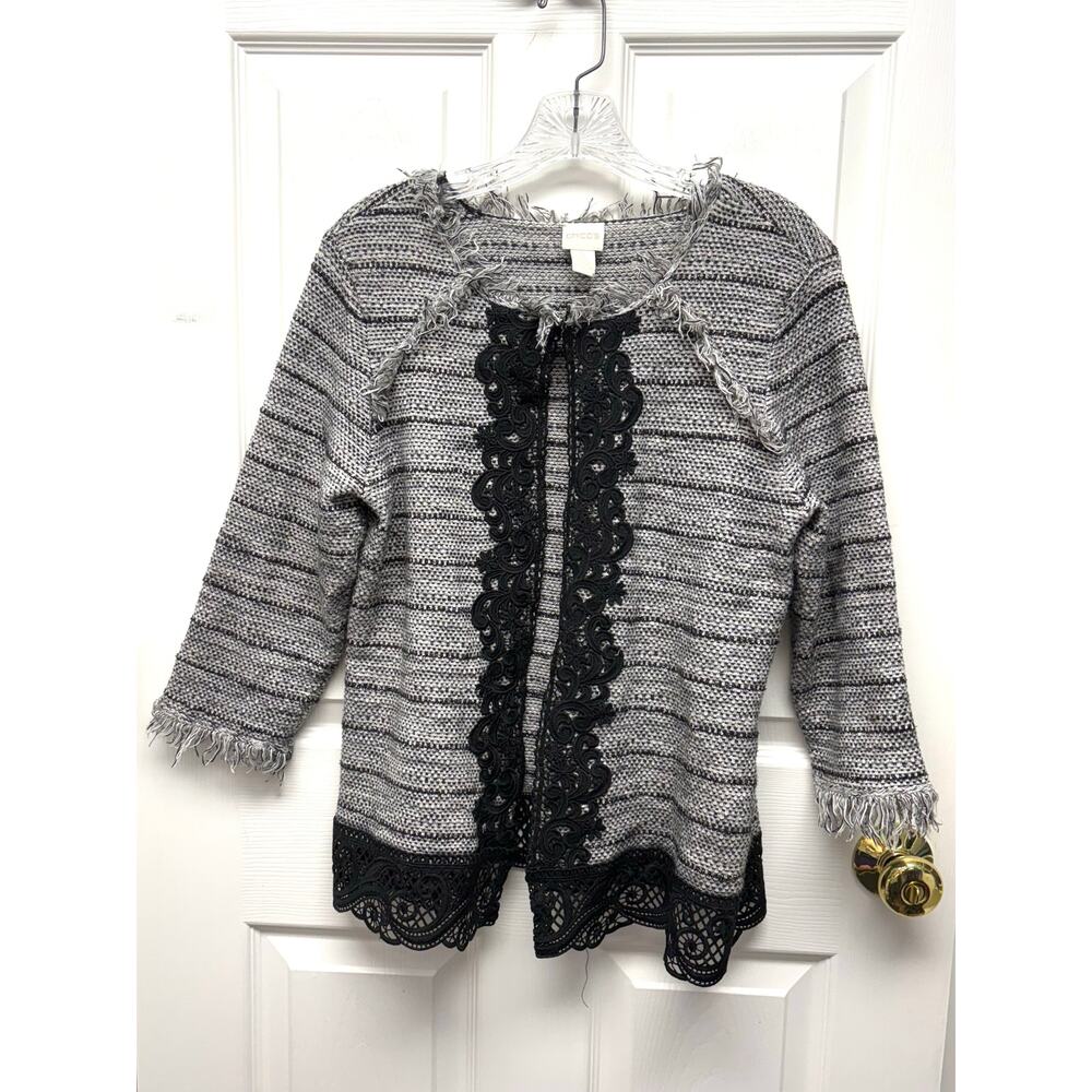 Chico’s Sweater Open Front Cardigan Lace Trim Frayed Edges Size 2 or Womens L